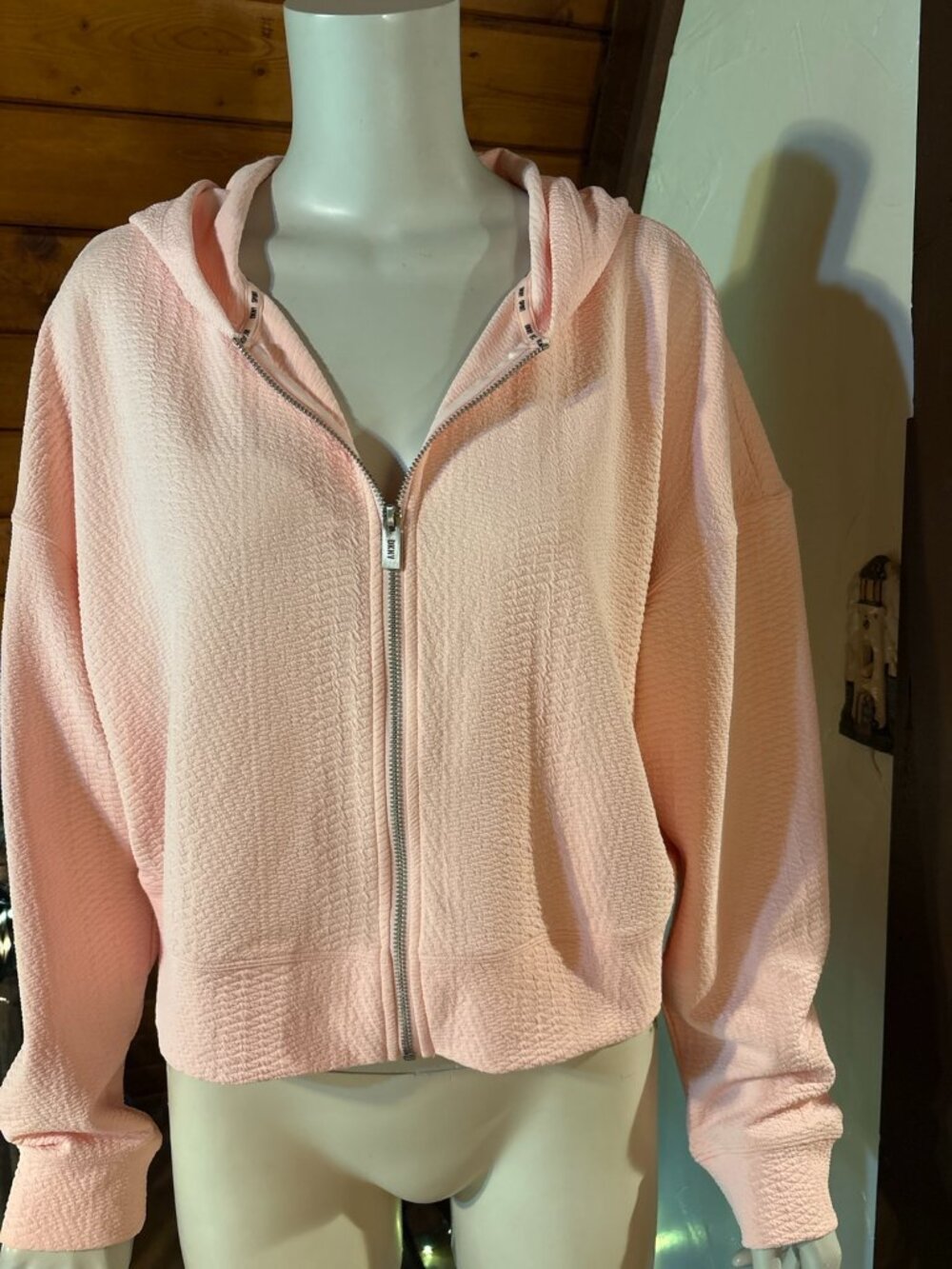 DKNY Sport Cropped Blush Pink Scuba Textured Zip Hoodie Jacket - Size L
